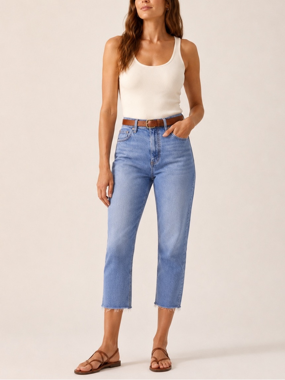 Topshop Moto W26 Straight Leg Jeans High Rise Raw Hem Light Wash Cropped